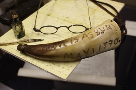 View of the original glasses and powder horn carried by the Rev. Francis Asbury, a sampling of thousands of historic items housed at the General Commission on Archives and History at Drew University in Madison, New Jersey. Note that the quill and ink bottle are original examples used in the time of Asbury but not attributed to being his own items. Images courtesy of the General Commission on Archives and History of the United Methodist Church. A UMNS photo by Kathleen Barry, November 2010.