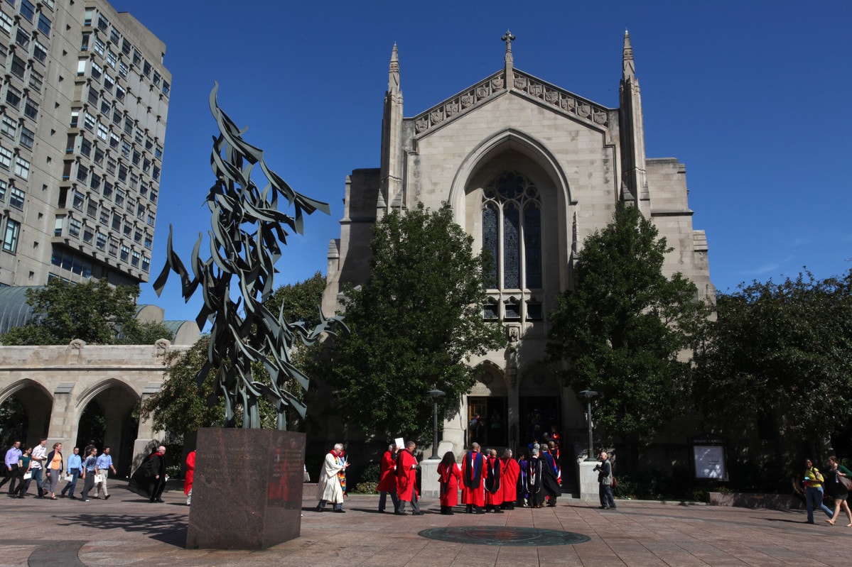 The Rev. Romero del Rosario and other alumni, faculty and students line up outside Marsh Chapel for the Sept. 19, 2012, Service of Matriculation at Boston University School of Theology. Photo by Kathleen Barry, UMNS.