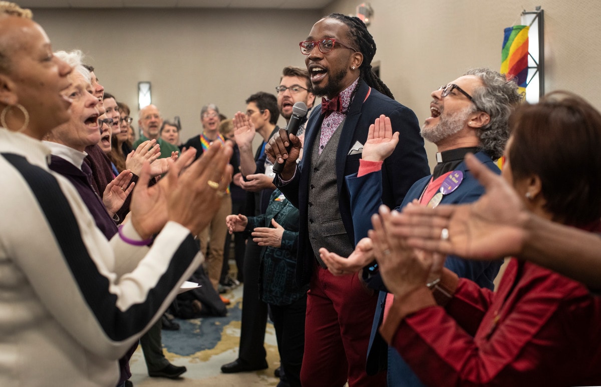 Delegates gather before a panel discussion on the church and its views regarding human sexuality Photo by Kathleen Barry, UM News.