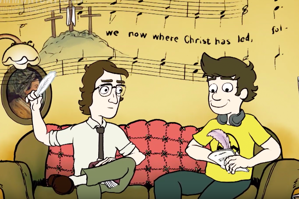 An animated feature has john and Charles writing an Easter hymn. Illustration courtesy of United Methodist Communications.