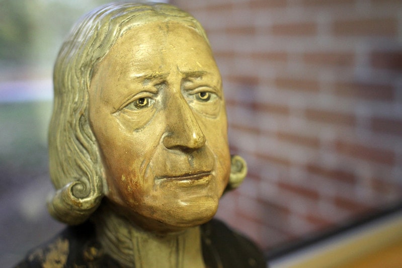 The Enoch Wood  bust  of the Rev. John Wesley (1703-1791) one of several copies in the Ezra Squier Tipple Collection of Drew University, Madison, New Jersey.  Wesley sat for Enoch Wood (1759-1840), the noted Staffordshire potter, at Burslem in 1784 at the age of 81. Courtesy of the General Commission on Archives and History of the United Methodist Church. Photo by Kathleen Barry, UM News.