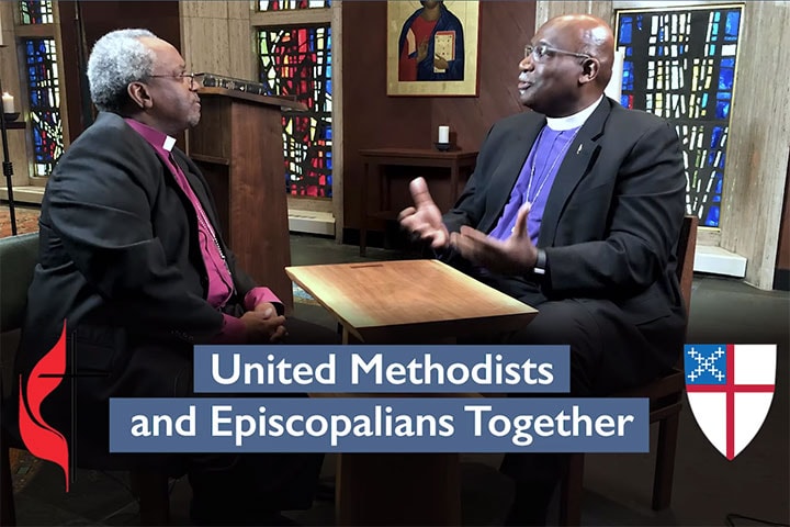 Bishop Gregory Palmer (co-chair of the dialogue committee) and Presiding Bishop of the Episcopal Church Michael Curry discuss full communion between the two denominations. Image courtesy of the Council of Bishops of The United Methodist Church.