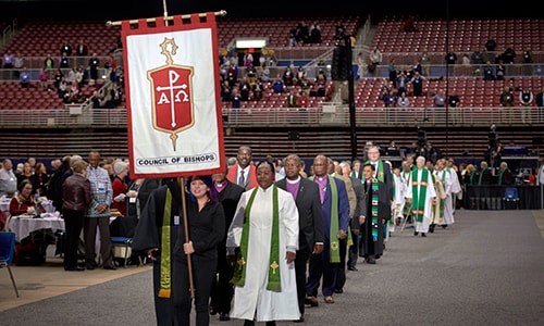 Bishops process into worship on February 24, 2019, at the Special Session of the General Conference of The United Methodist Church, held in St. Louis, Missouri.