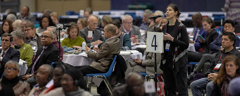 Delegate Jill Wondel of Missouri speaks on February 25, 2019, during the Special Session of the General Conference of The United Methodist Church, held in St. Louis, Missouri.