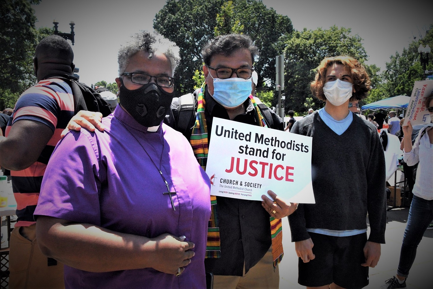 Leaders from DC's interfaith community, including Bishop LaTrelle Easterling (left) and the Rev. Neal Christie from the General Board of Church and Society (center), gathered for worship, lament and protest, as they raised their voices for racial justice June 14 at St. John's Episcopal Church by the White House. Photo by Melissa Lauber. 