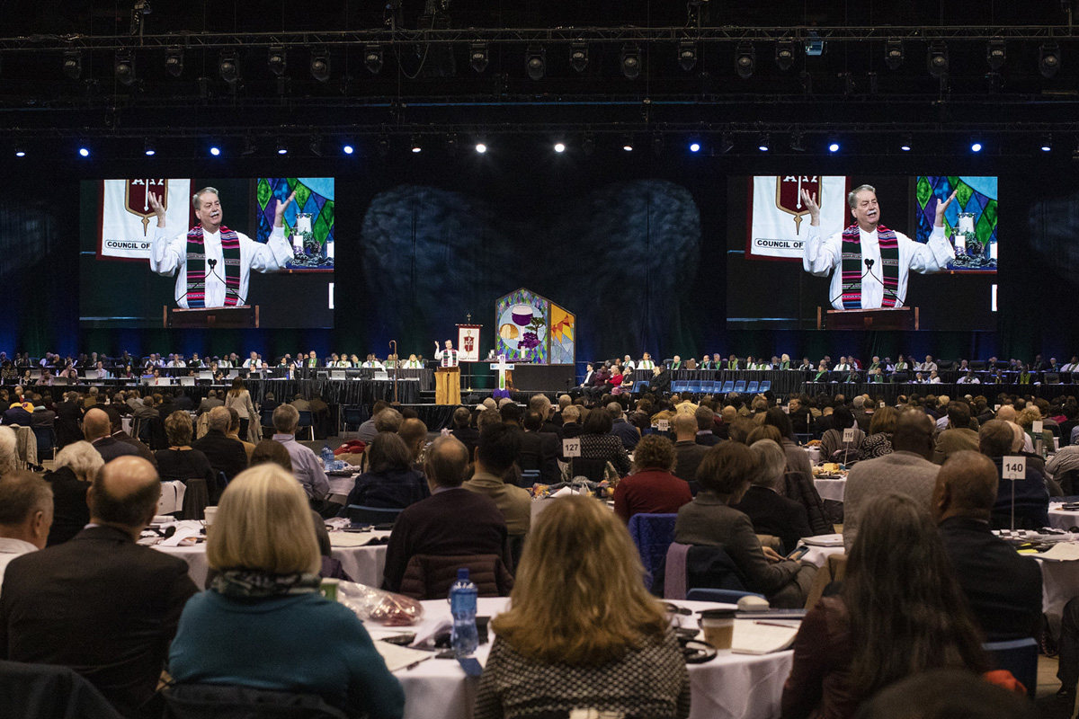Bishop Kenneth H. Carter gives the sermon and benediction during opening worship for the 2019 United Methodist General Conference in St. Louis. Photo by Kathleen Barry, UM News. Ask The UMC is a service of United Methodist Communications.