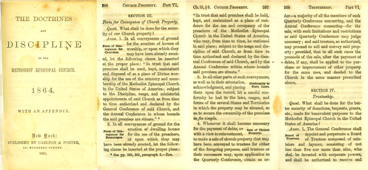The trust clause declares United Methodist property and assets are held “in trust” for the benefit of the entire denomination. Excerpt from "The Doctrines and Disciplines of the Methodist Episcopal Church. 1864.," courtesy of the General Commission of Archives and History.