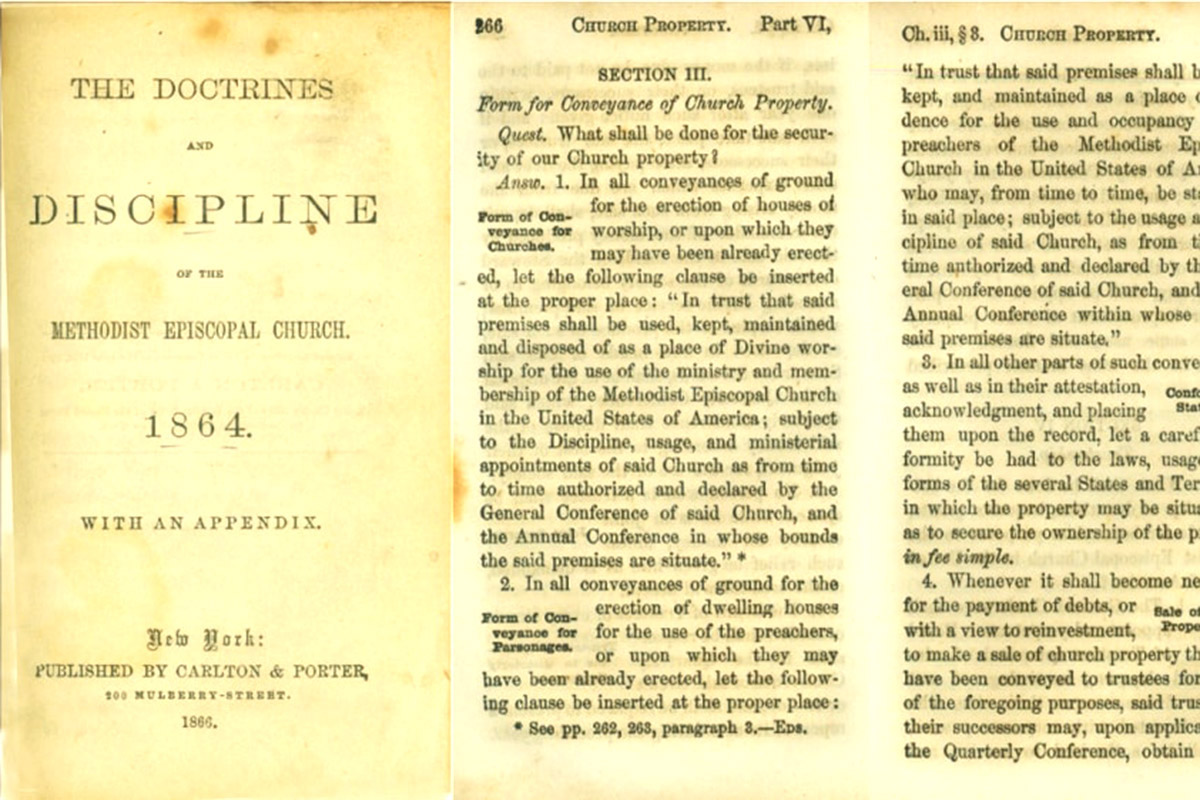 The trust clause declares United Methodist property and assets are held “in trust” for the benefit of the entire denomination. Excerpt from "The Doctrines and Disciplines of the Methodist Episcopal Church. 1864.," courtesy of the General Commission of Archives and History.
