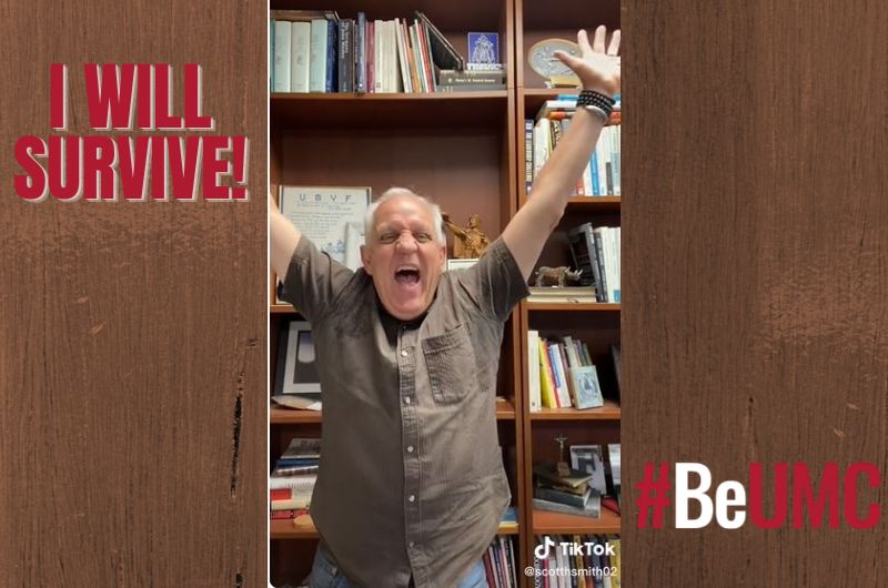 Scott Smith of the Florida Conference of The UMC challenges other United Methodists on TikTok to post a video of a song representing the future of the denomination. Photo illustration created on Canva.