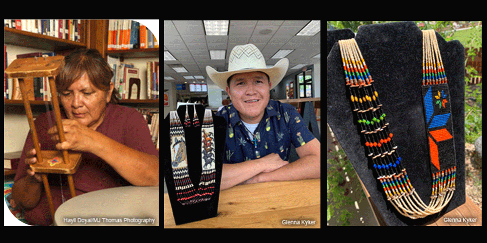 Barbara Phillips, a Navajo bead-weaver who made the original cross and flame necklace, demonstrates a traditional Navajo beading tool. Pictured with his signature horse design, Dennison Billy Jr., “J.R.,” is the crafter of the United Women in Faith necklaces.  Jana Jones, a United Women in Faith director from the Mountain Sky District, created the design for this hand-beaded UnitedWomen in Faith necklace.