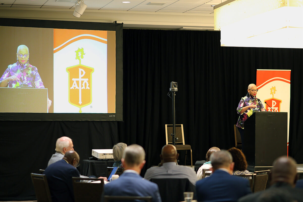 In her presidential address, Council of Bishops President Tracy S. Malone outlines the challenges facing United Methodists — including the need to rebuild after church disaffiliations and take on the rise of cruelty and erosion of human rights. Malone, who also leads the Indiana Conference, was speaking to bishops meeting in Chicago this week. Photo by Paul Gómez, United Methodist Communications.