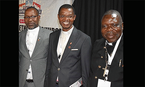 Africa University Alumni Bishops are from left:  Bishop João Sambo (AU, 2008) of Mozambique, Bishop Emmanuel Sinzohagera (AU, 2022) of Burundi and Bishop Moisés Jungo (AU, 2005) of Angola. Photo credit: Maidstone Mulenga
