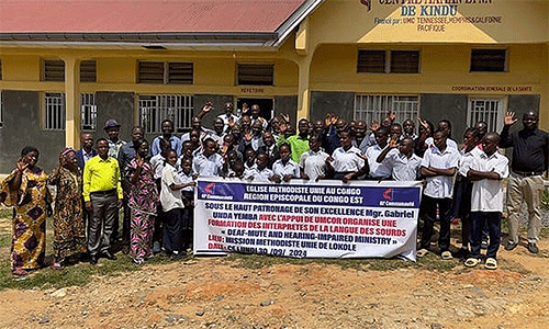 Members of Lokole United Methodist Mission in Kindu rejoice as they launch a new ministry dedicated to serving people who are hearing impaired. Photo by Chadrack Londe.
