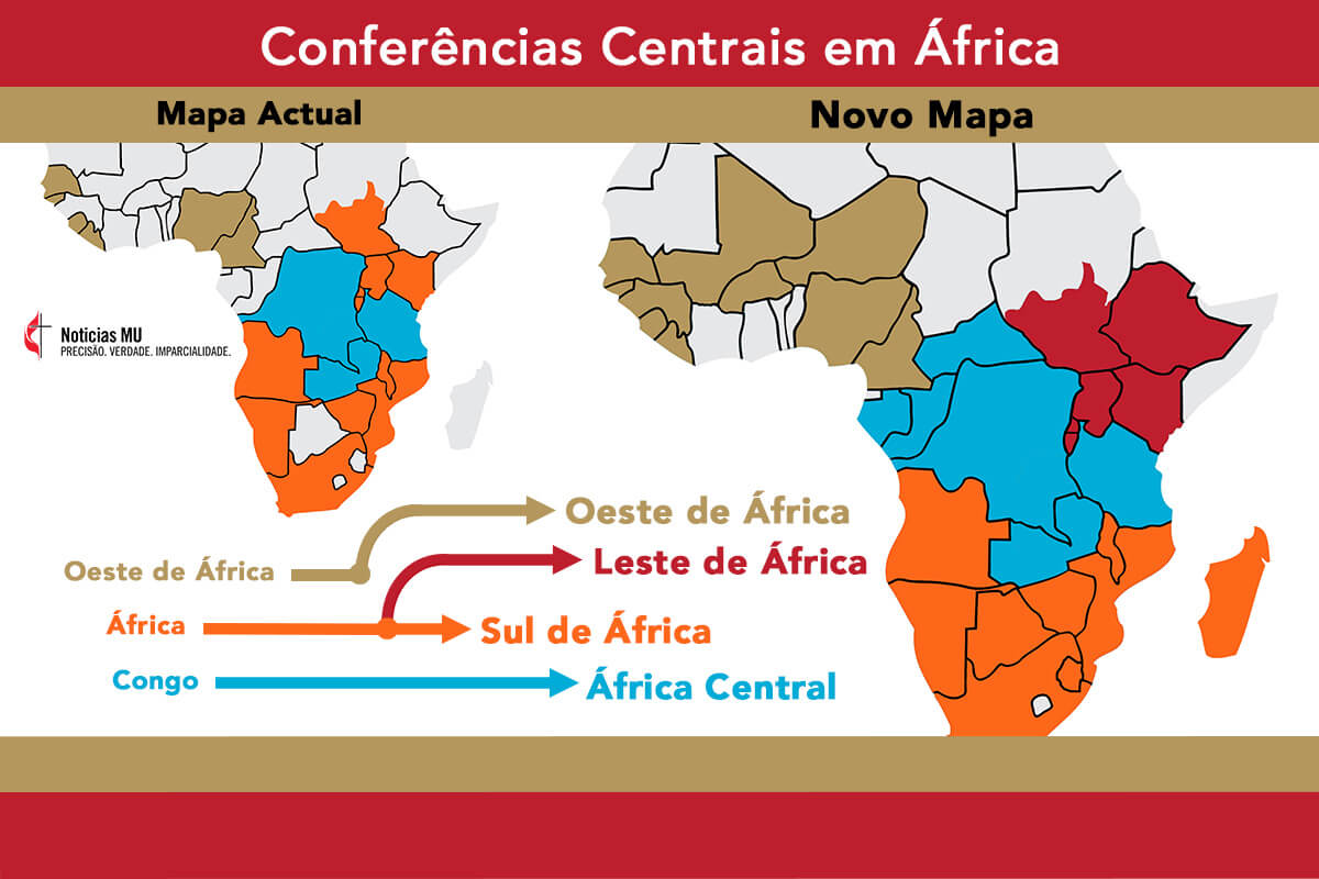 A Igreja Metodista Unida está reestruturando o seu mapa em África. Quando a Conferência Central de África reunir-se  de 13 a 17 de Março em Joanesburgo, a conferência central se dividirá e formará as conferências centrais do Sul de África e do Leste de África. As conferências centrais são responsáveis por eleger bispos e fazer adaptações ao Livro da Disciplina de acordo o seu contexto missionário. Gráfico de Ben Ward, UM News.